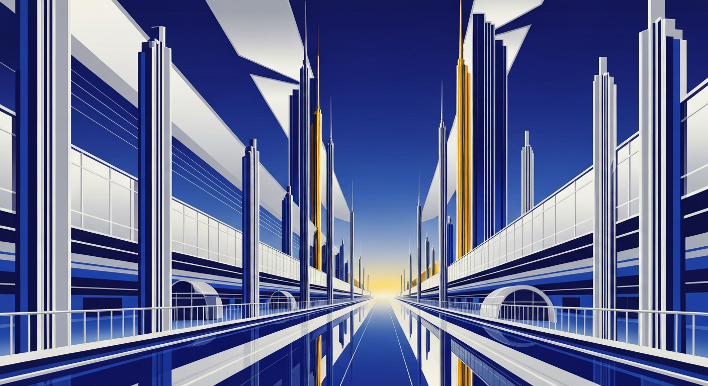 A bold, geometric Art Deco-style illustration depicting a sweeping, streamlined airport terminal with towering forced perspectives and sleek, stylized forms, capturing the grand scale and romance of travel without any literal depiction of people or text.