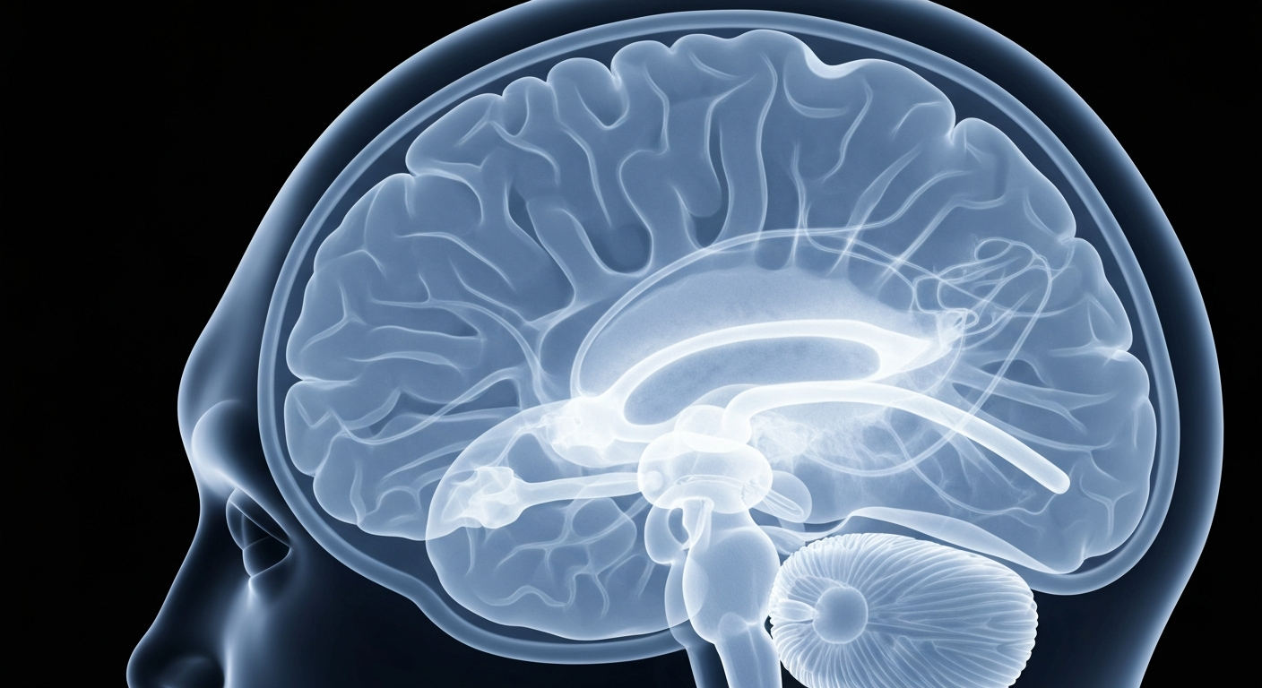 A translucent, ghostly X-ray image of a human brain, with glowing blue and gray lines representing the neural pathways, conceptually illustrating the inner workings of the mind affected by bipolar disorder.