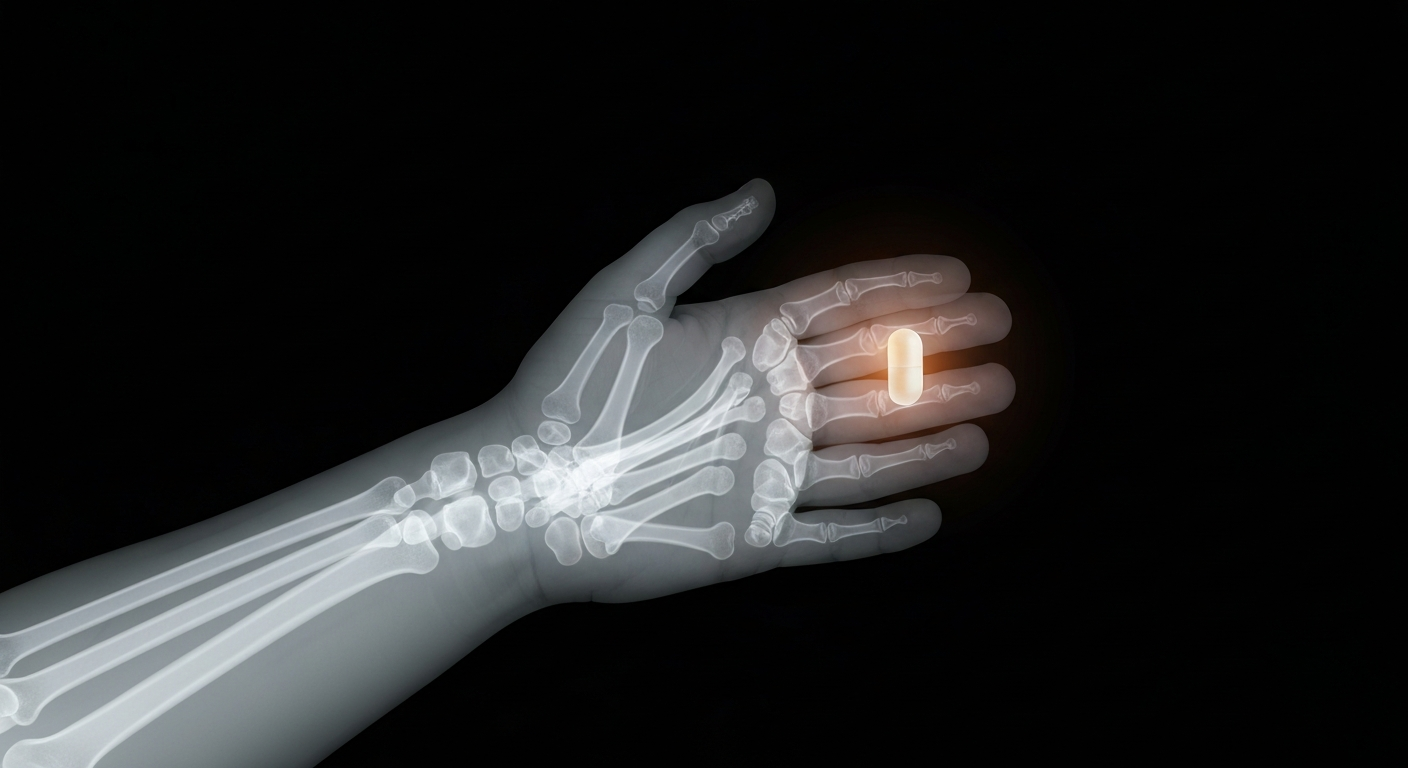 A ghostly, translucent X-ray photograph revealing the internal structure of a child's hand holding a small, glowing pill, conceptually representing the potential of an oral medication to transform the treatment of hereditary angioedema in pediatric patients.