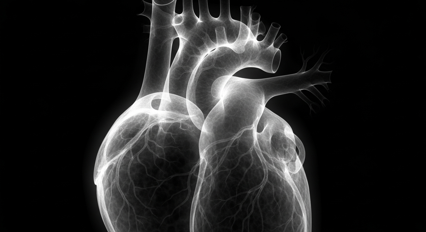 A ghostly, translucent X-ray image showing the intricate network of tiny blood vessels within the heart, conceptually illustrating the advanced cardiac care offered by Chesapeake Regional's new testing program.