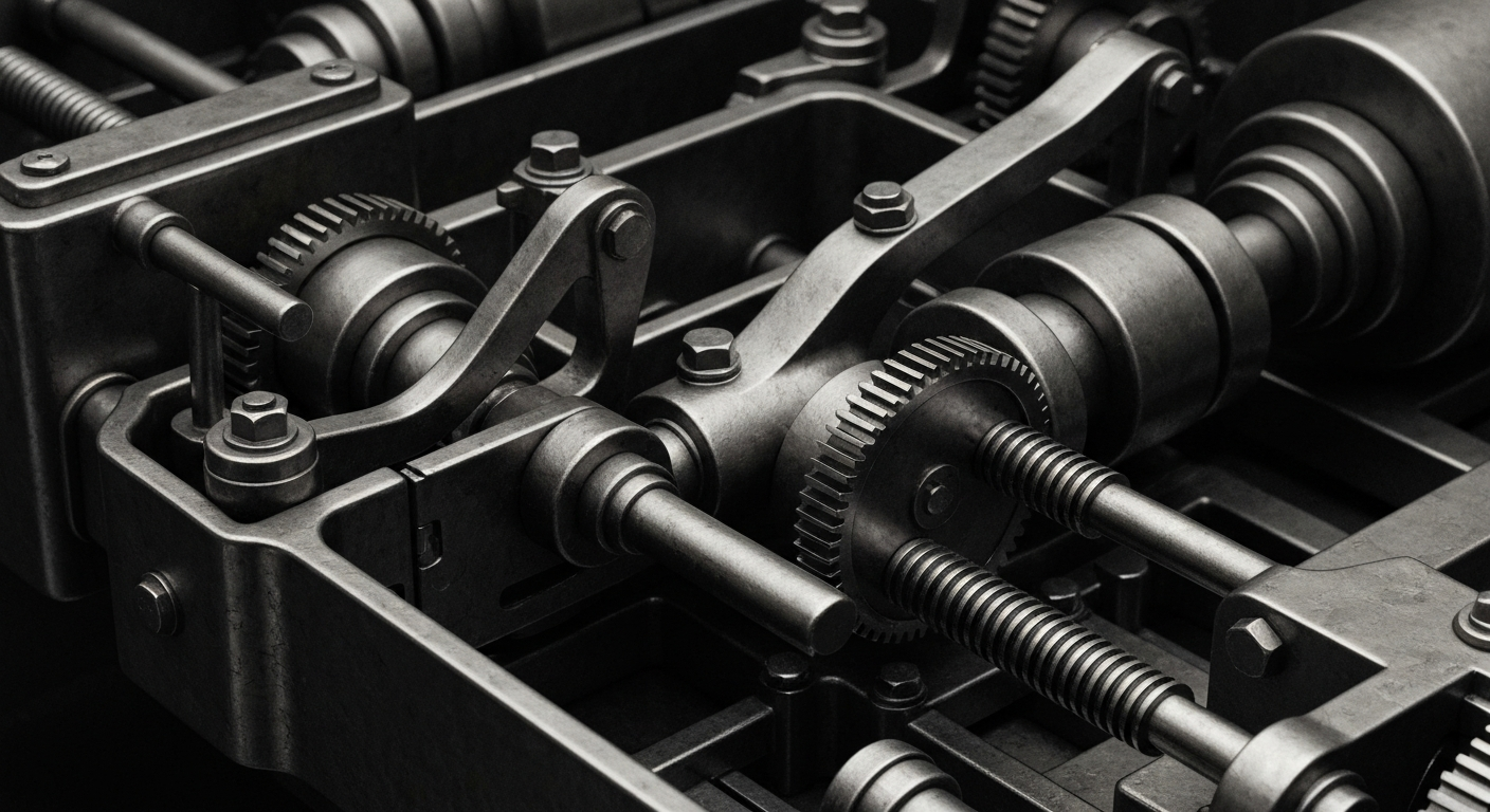 A close-up of intricate, industrial-looking banking machinery and equipment, conveying the idea of financial security and institutional power without using literal currency or charts.