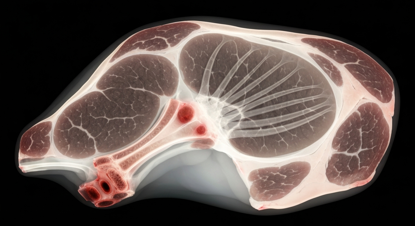 A translucent X-ray photograph revealing the internal structure of a raw meat product as glowing, ghostly lines against a dark background, conceptually illustrating the hidden dangers of uninspected food.
