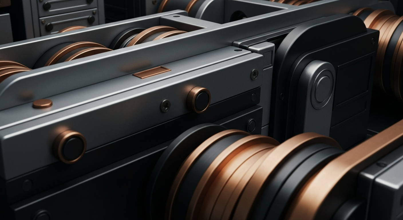 A close-up view of heavy, industrial banking machinery and equipment in shades of steel gray, copper, and black, conceptually representing the stability and reliability of financial institutions.