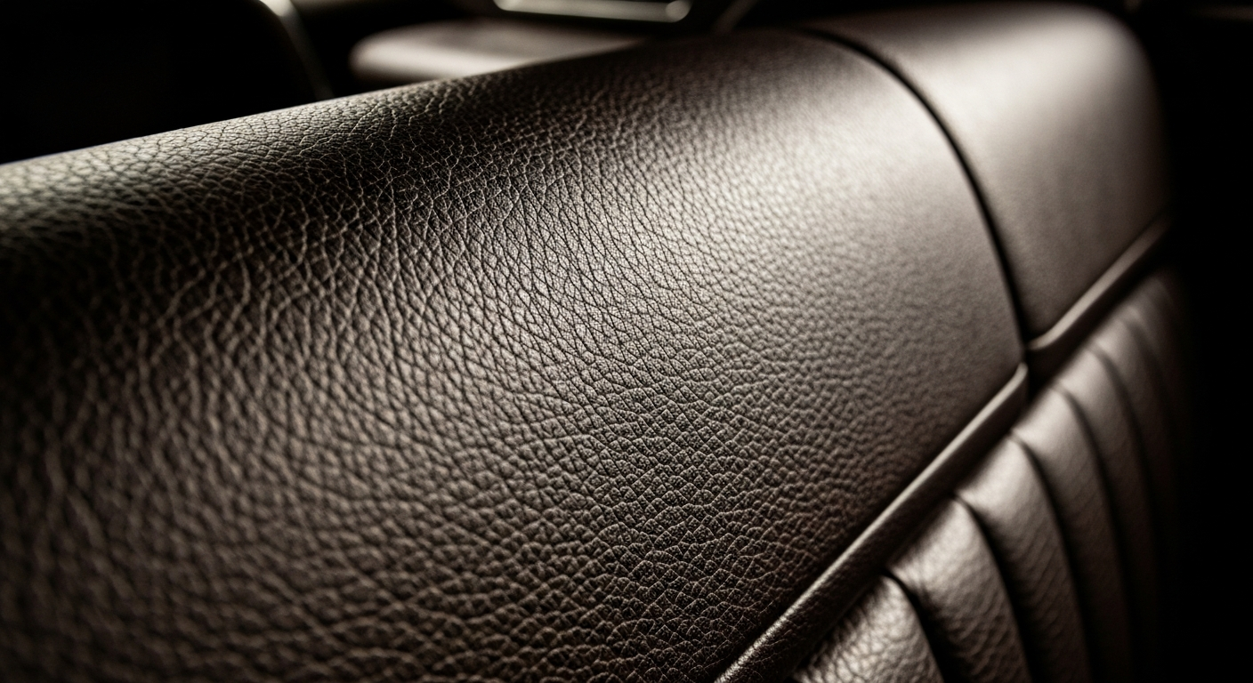 An extreme close-up of the intricate, pebbled leather texture of a luxury car interior, conveying the quality craftsmanship and premium materials that define the top local vehicle retailers.