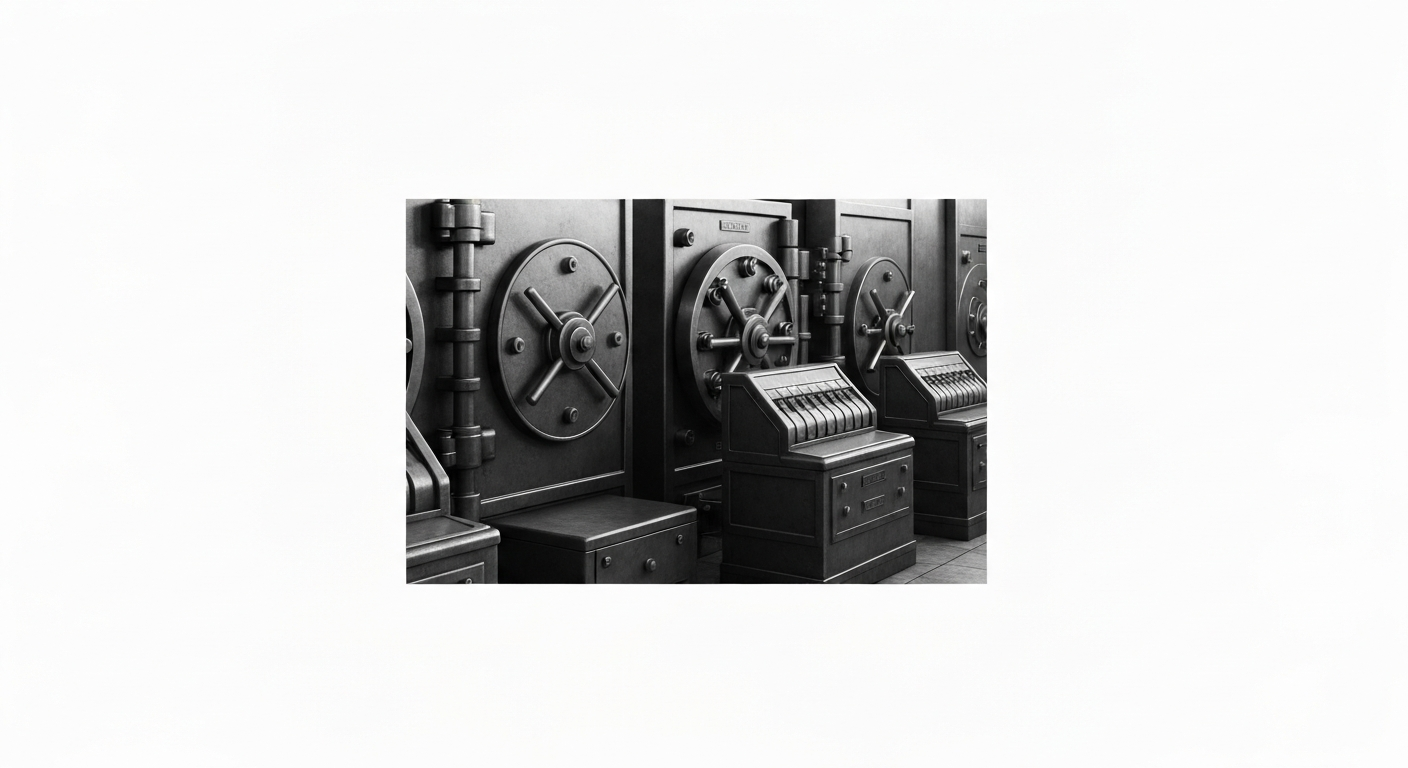 A high-contrast, cinematic close-up of heavy, industrial banking machinery and equipment, such as vault doors and cash counters, representing the tangible financial security and infrastructure that supports regional banking institutions.