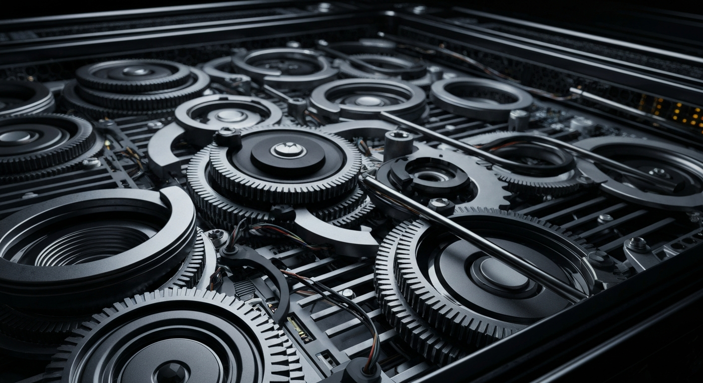 An extreme close-up of the inner workings of a high-tech media server, with its complex gears and circuits conveying the technical sophistication behind the modern streaming industry.