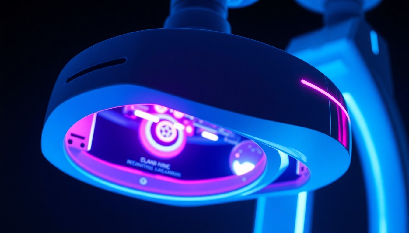A highly detailed, glowing 3D macro illustration of a futuristic dental scanner device, its internal components illuminated by neon cyan and magenta lights, conceptually representing the integration of advanced digital technology into the dental care workflow.