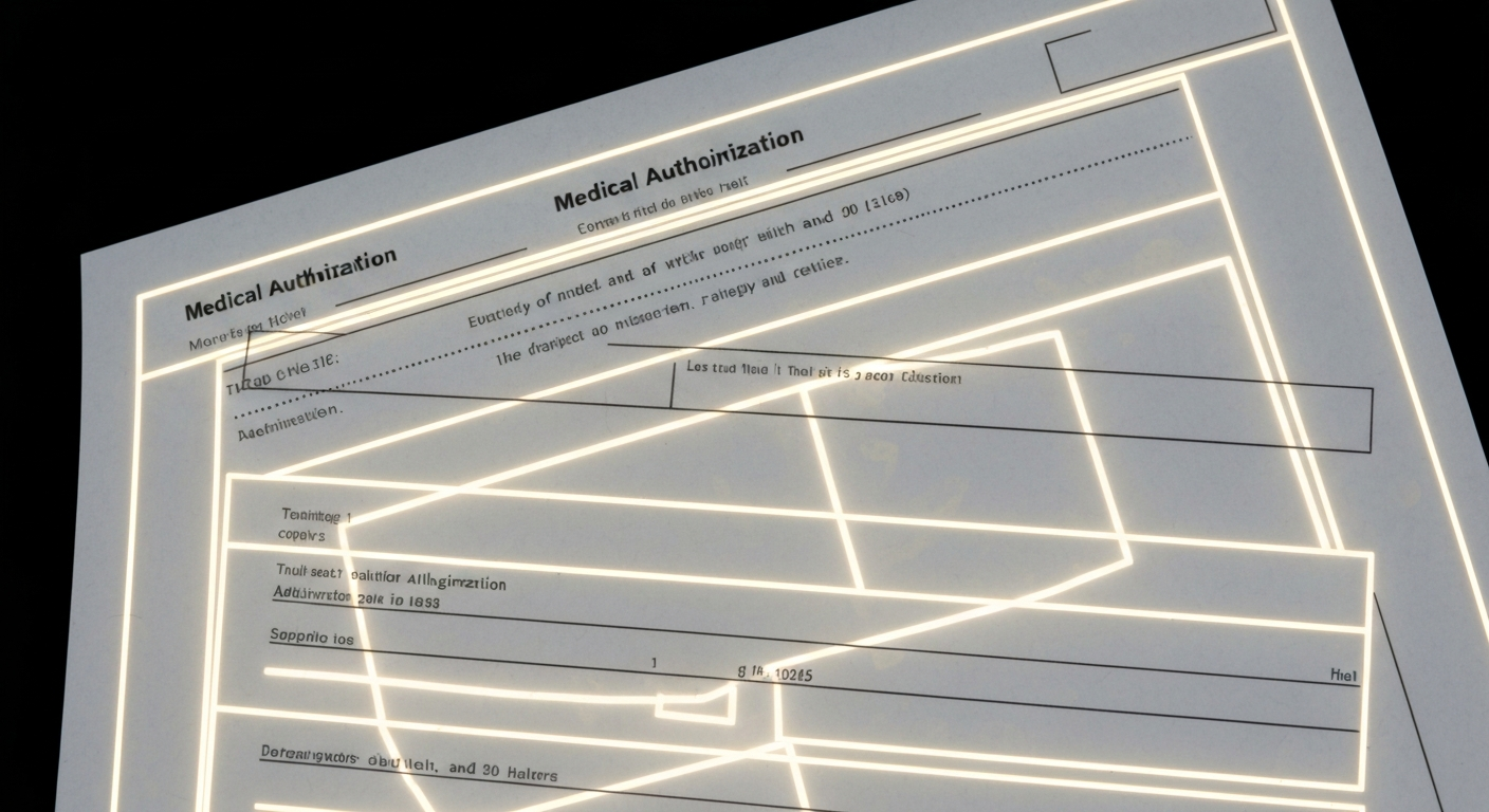 An extreme close-up X-ray photograph revealing the intricate internal structure of a medical authorization form, conceptually illustrating the complexity of healthcare administrative processes.