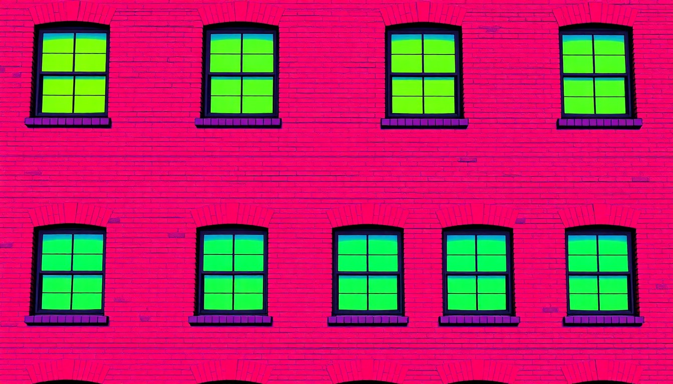 A highly stylized, abstract illustration featuring a repeating pattern of a red brick building facade in a grid, rendered in a bold, neon color palette with heavy black outlines, conceptually representing the modern redevelopment of a historic site.