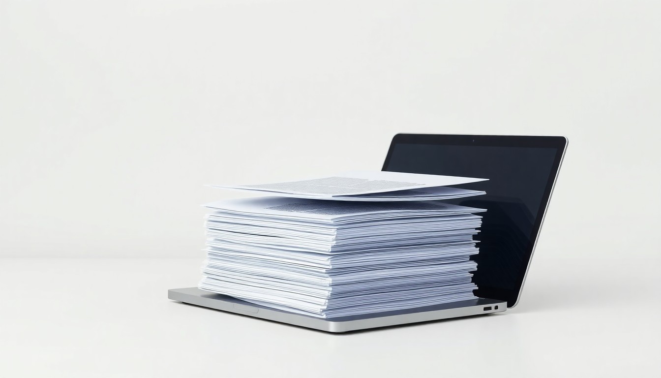 A minimalist studio photograph featuring a stack of organized business contracts and a modern laptop computer on a clean, monochromatic background, conveying a sense of order and strategic oversight in the management of complex payer relationships.