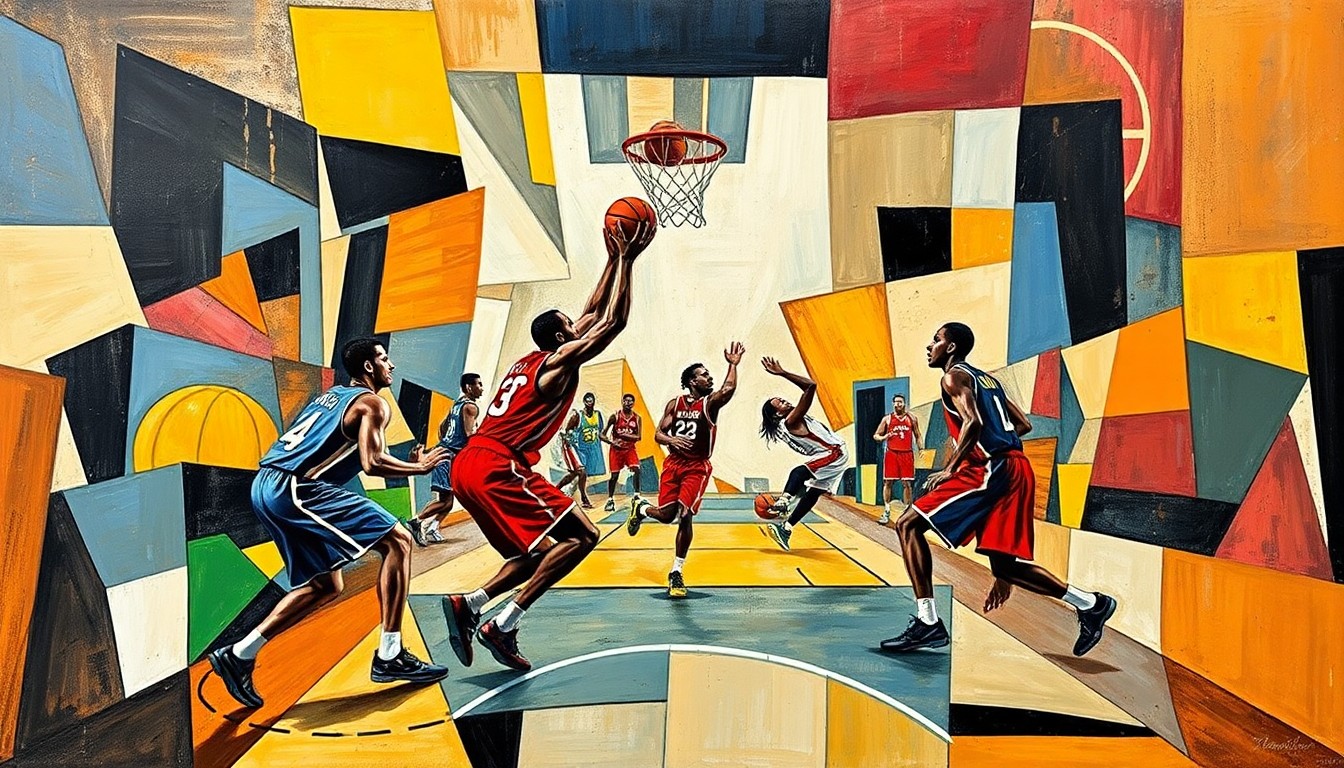 A cubist, geometric painting depicting the dynamic motion of a basketball game, with players' forms broken down into overlapping planes of color and abstract shapes, capturing the energy and intensity of the sport.