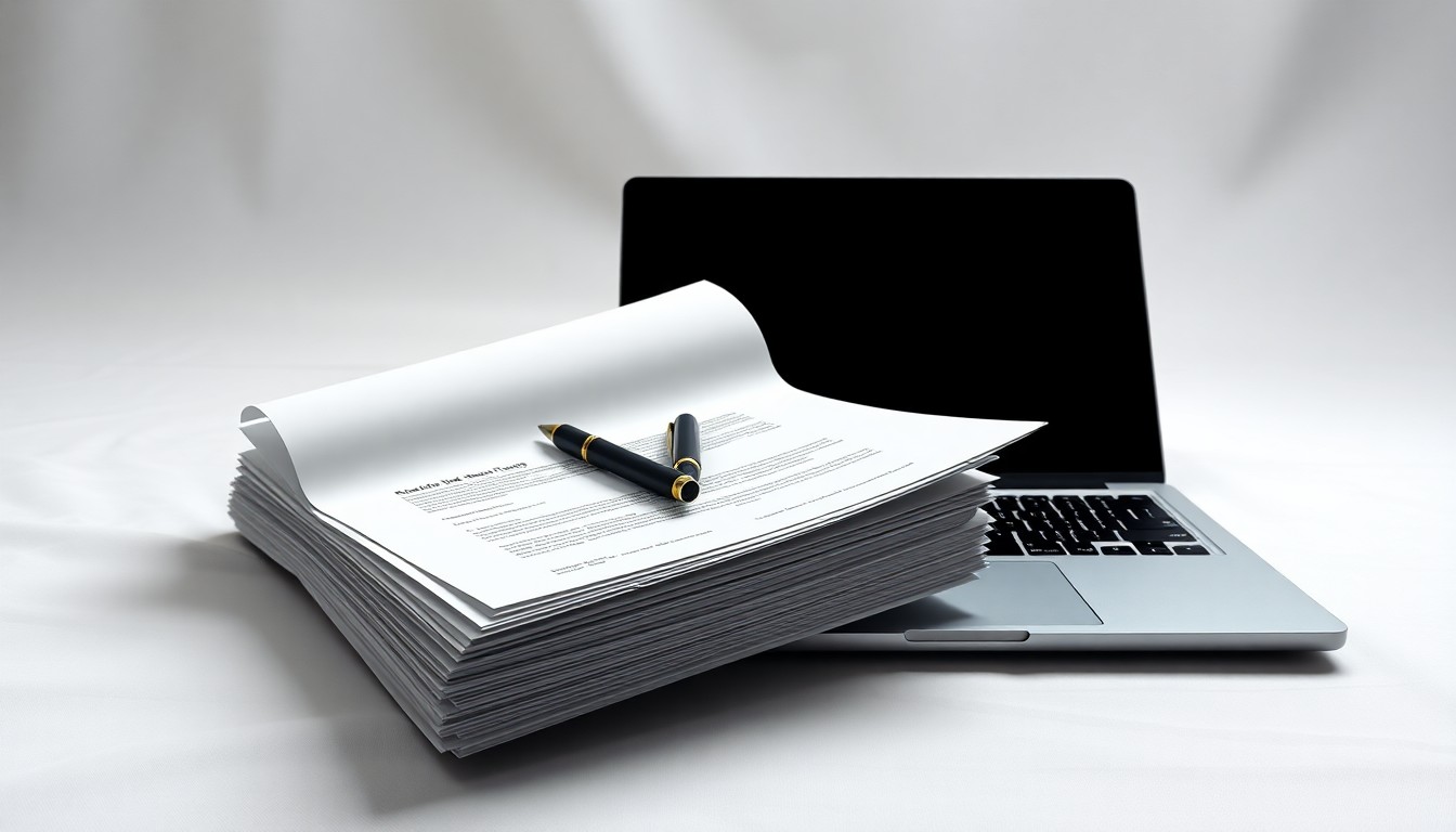 A photorealistic studio still life featuring a stack of legal contracts, a pen, and a laptop computer arranged on a clean white background, conveying the abstract concepts of corporate strategy and risk management through the use of polished materials and dramatic lighting.