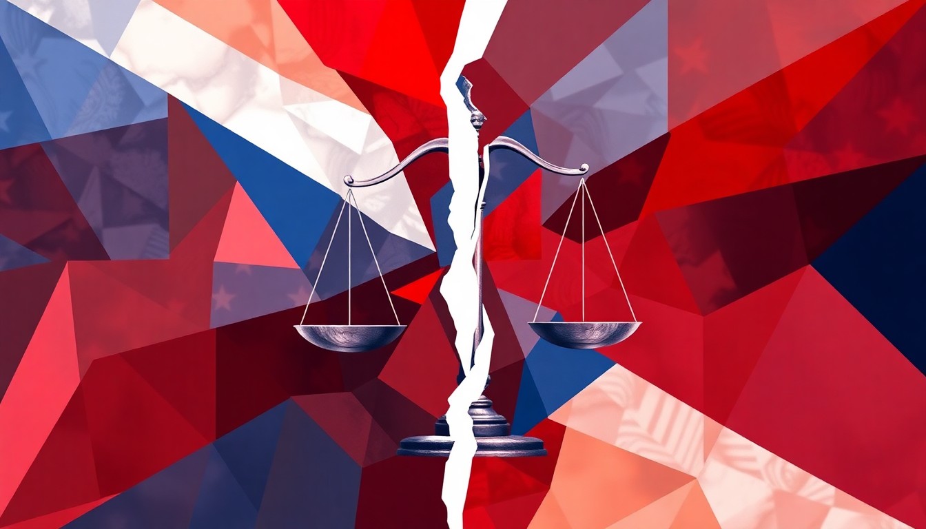 A fractured, abstract painting of overlapping geometric shapes in red, white, and blue, representing the divisive political climate surrounding calls for the impeachment of a former president.