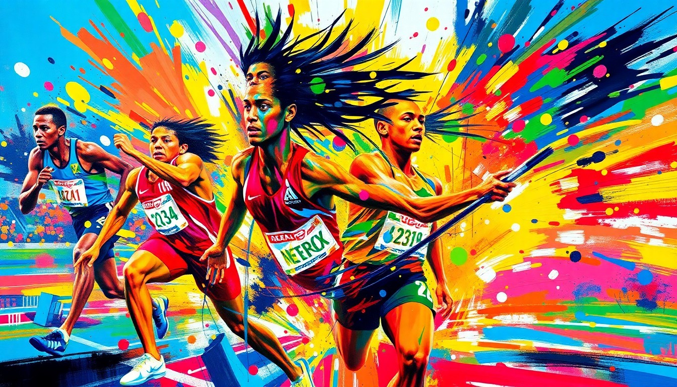 An abstract, expressionist painting in vibrant neon colors capturing the dynamic motion and energy of a track and field competition.