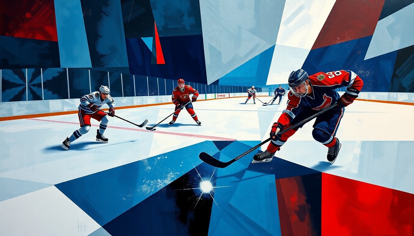 A cubist, geometric painting depicting a hockey game, with fragmented, angular shapes representing the players and puck in a palette of blues, reds, and silvers, conveying the dynamic movement and intensity of the sport.