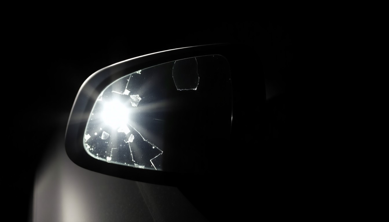 An extreme close-up photograph of a damaged car side mirror or broken glass from a vehicle collision, conveying the stark, gritty aftermath of a pedestrian accident through dramatic lighting and texture.