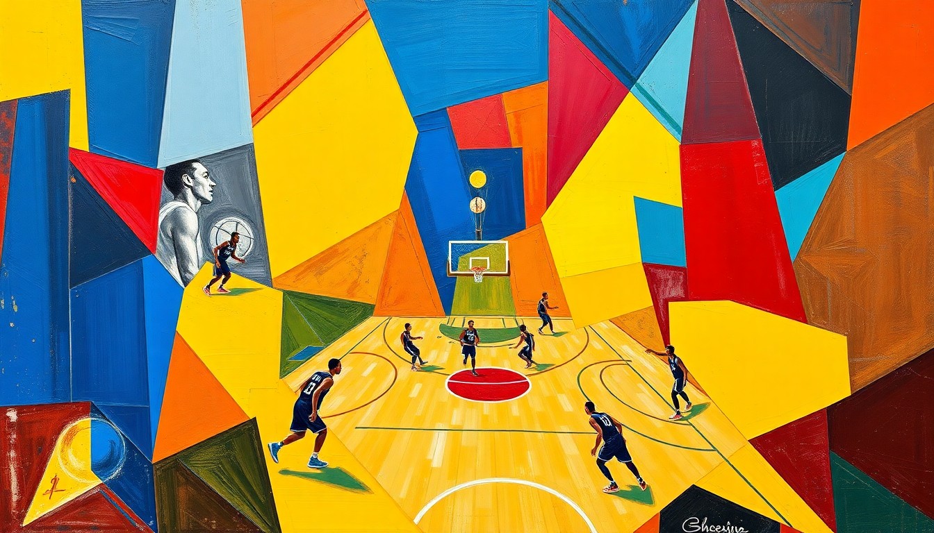 A cubist, geometric painting depicting a basketball game, with the court and players broken down into overlapping planes of vivid blue, yellow, and red hues, conveying the energy and dynamism of the sport.