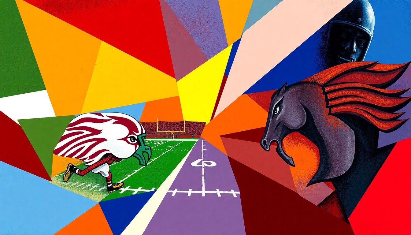 A fragmented, geometric painting in the style of Picasso, using the team colors of Central Oklahoma and Midwestern State to depict an abstract college football game.