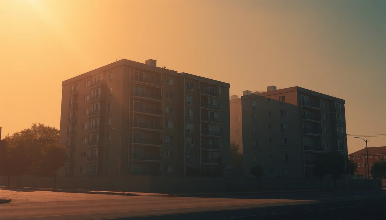 A cinematic painting of a solitary condominium building in warm, golden light, conveying a sense of isolation and the tension between property owners and local government.