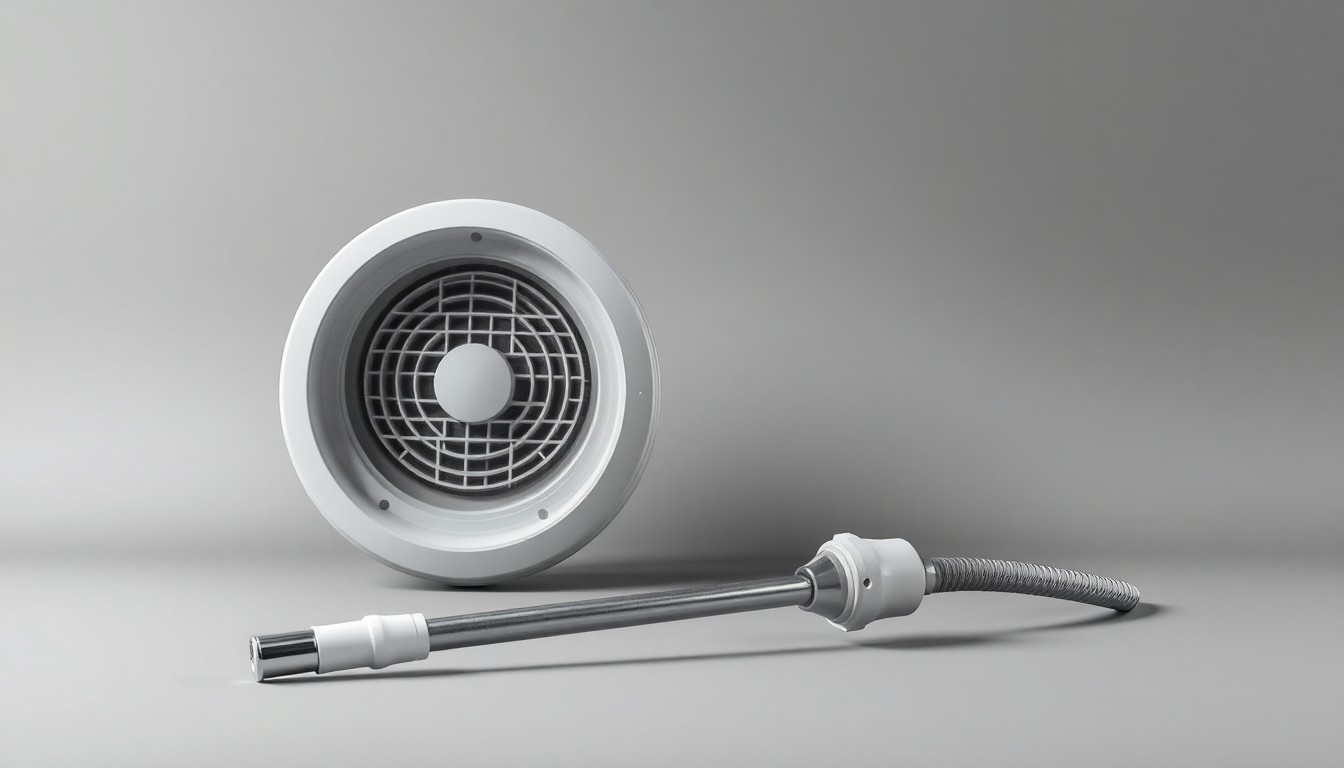 A minimalist studio photograph featuring a polished metal dryer vent cover and a modern pressure washer wand, symbolizing the professional cleaning services that help commercial properties operate safely and maintain a clean, attractive appearance.