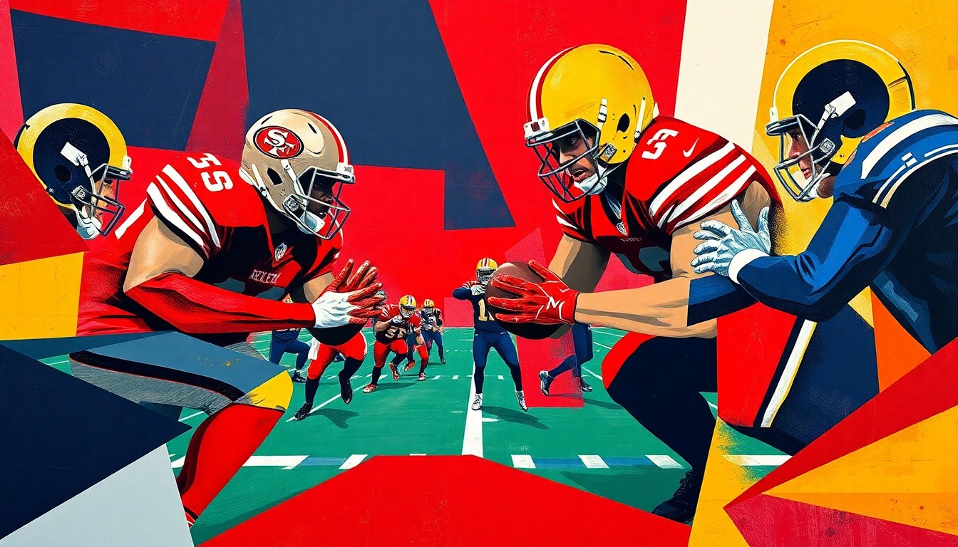 A fractured, cubist painting depicting an abstract football game, with the players' forms broken down into sharp, overlapping geometric shapes in a palette of deep red, navy blue, and bright gold.