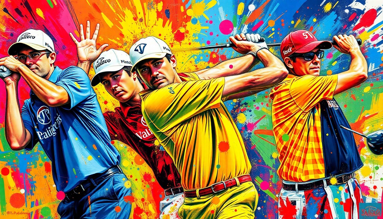 An abstract, expressionist painting in neon colors featuring overlapping, dissolving shapes and brushstrokes that suggest the dynamic movements and energy of a golf tournament, conceptually representing the unpredictable nature of the Valero Texas Open.
