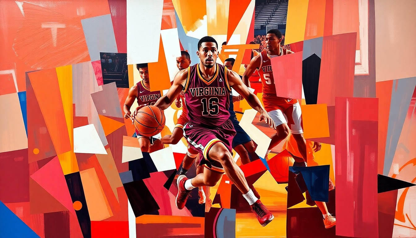 A fractured, cubist-style painting depicting the dynamic motion of a college basketball player, with sharp geometric shapes and planes in Virginia Tech's maroon and orange colors.