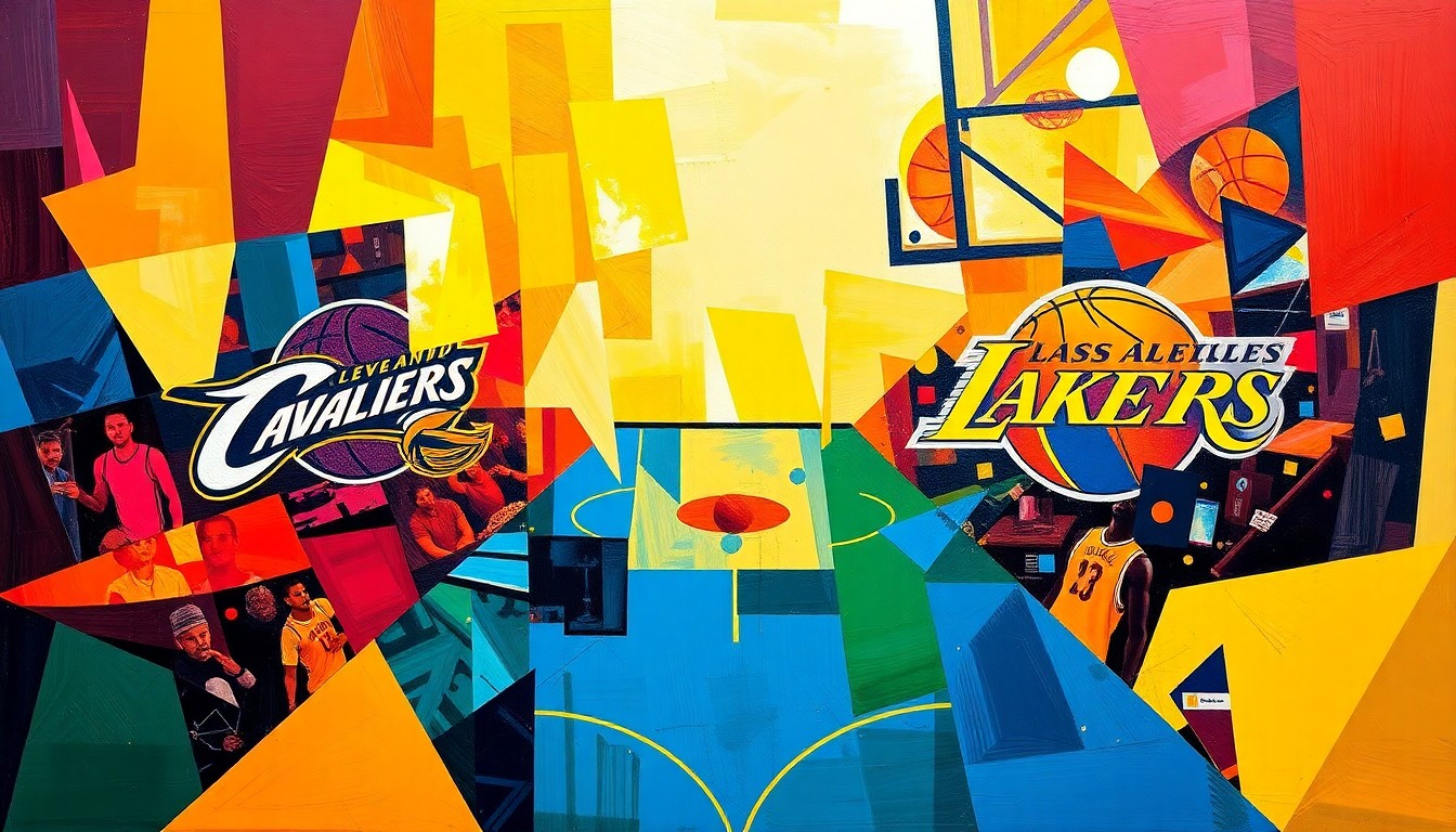 A fragmented, geometric painting depicting a basketball game in progress, with the players and court broken down into sharp, overlapping planes of color representing the Cavaliers' and Lakers' official team palettes.