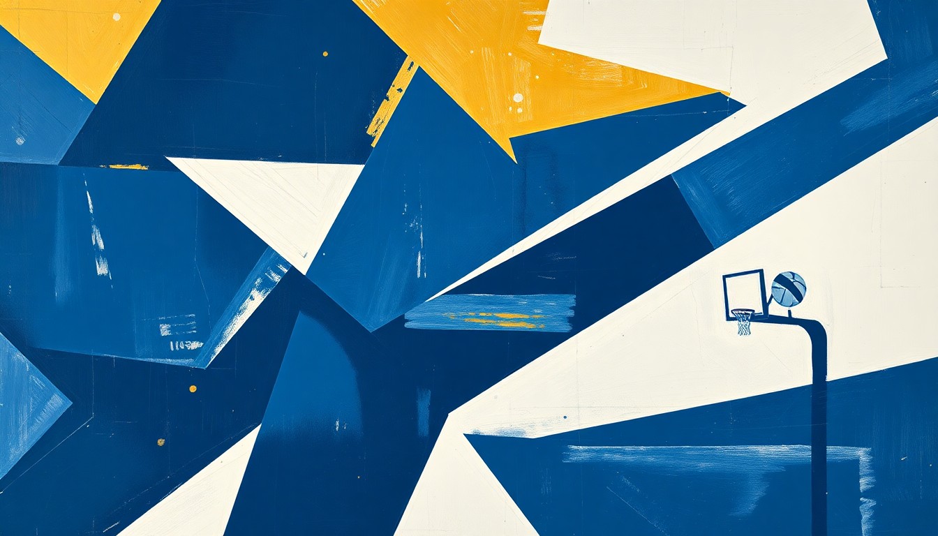 A cubist, geometric painting depicting a fragmented women's basketball game, with sharp planes of navy blue, gold, and white overlapping to create a dynamic, abstract composition.