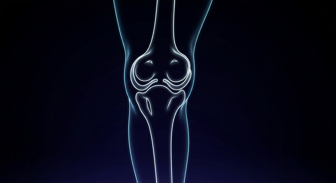A minimalist, glowing neon outline of a human knee joint against a dark background, conceptually representing the regenerative potential of a new stem cell therapy for osteoarthritis.