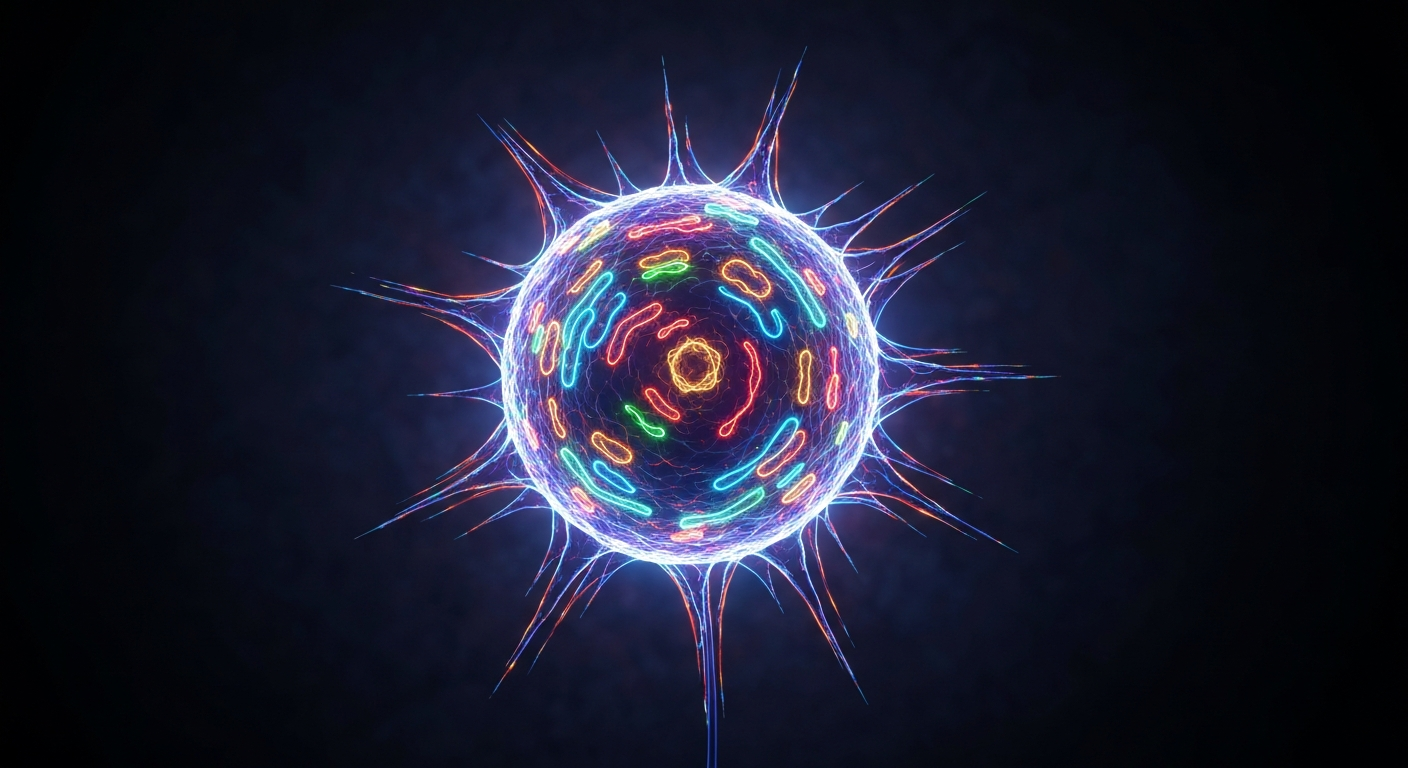 A glowing, neon outline of a human immune cell or cancer cell, floating against a dark, moody background, representing the dynamic energy of the cancer immunotherapy market.