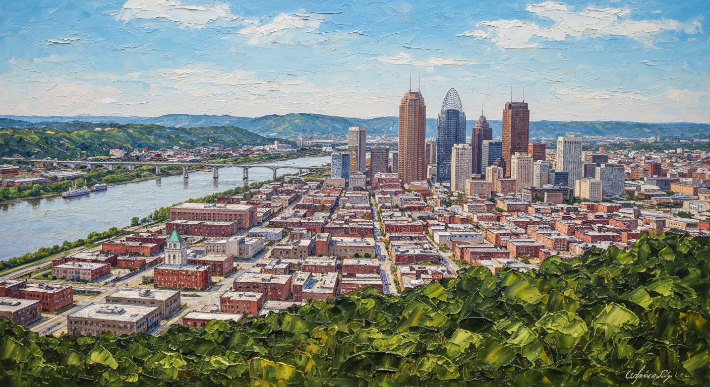 A textured oil painting landscape depicting the Cincinnati skyline, with the Ohio River and surrounding hills in the background, rendered in a bold, expressive style that captures the energy and dynamism of the urban environment.