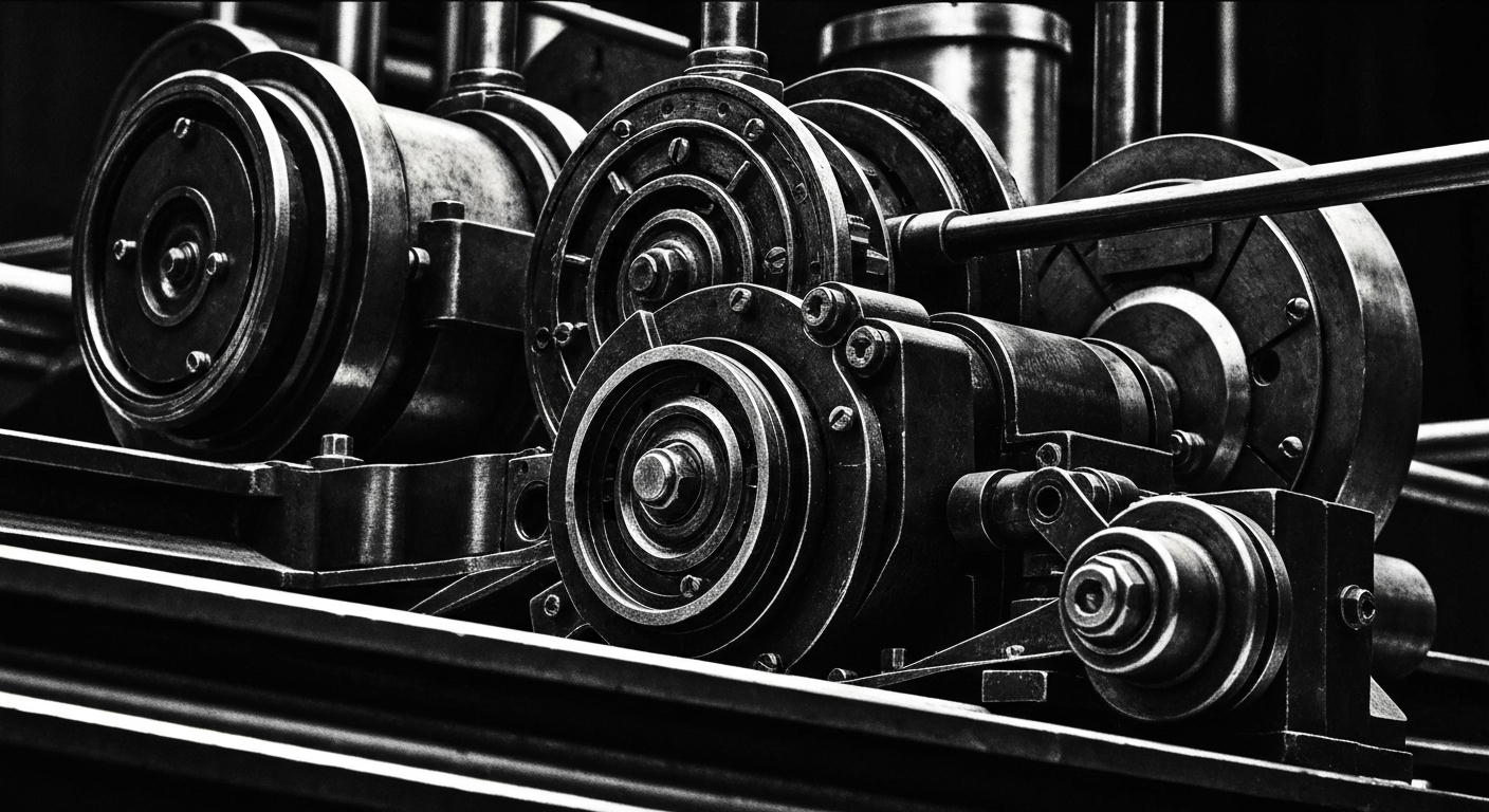 An extreme close-up of intricate, heavy machinery and equipment used in the banking and financial industries, rendered in a high-contrast, cinematic style that conveys a sense of industrial power and institutional stability without using any literal currency, charts, or branding.