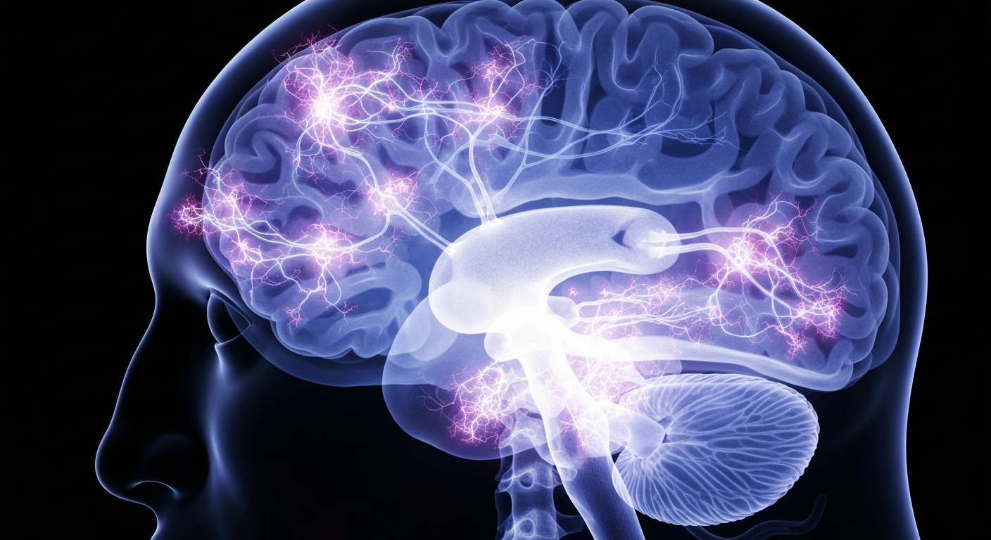 A translucent, ghostly X-ray photograph showing the internal structures of a human brain, with glowing neural pathways and regions highlighted in shades of blue, purple, and white against a dark background, conceptually representing the neurological basis of Cotard's Syndrome.