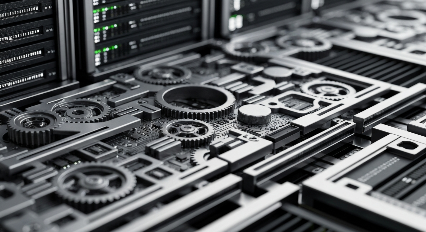 A highly detailed, macro-level view of the inner workings of financial technology, including gears, circuits, and data servers, conveying the complex infrastructure powering the modern capital markets.