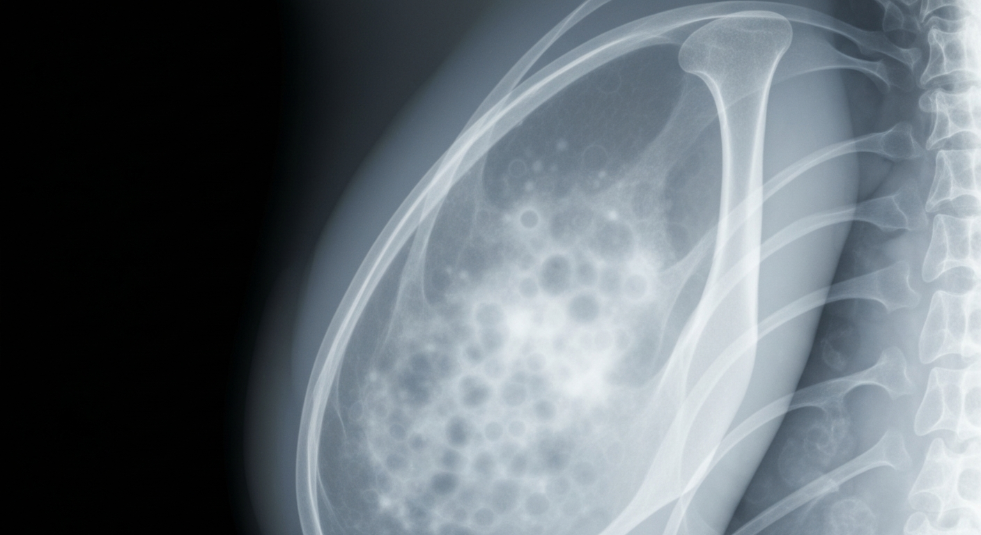 A translucent X-ray photograph showing the internal structure of a human breast, with faint outlines of cancerous cells glowing against a dark background, conceptually representing Olivia Munn's breast cancer battle.