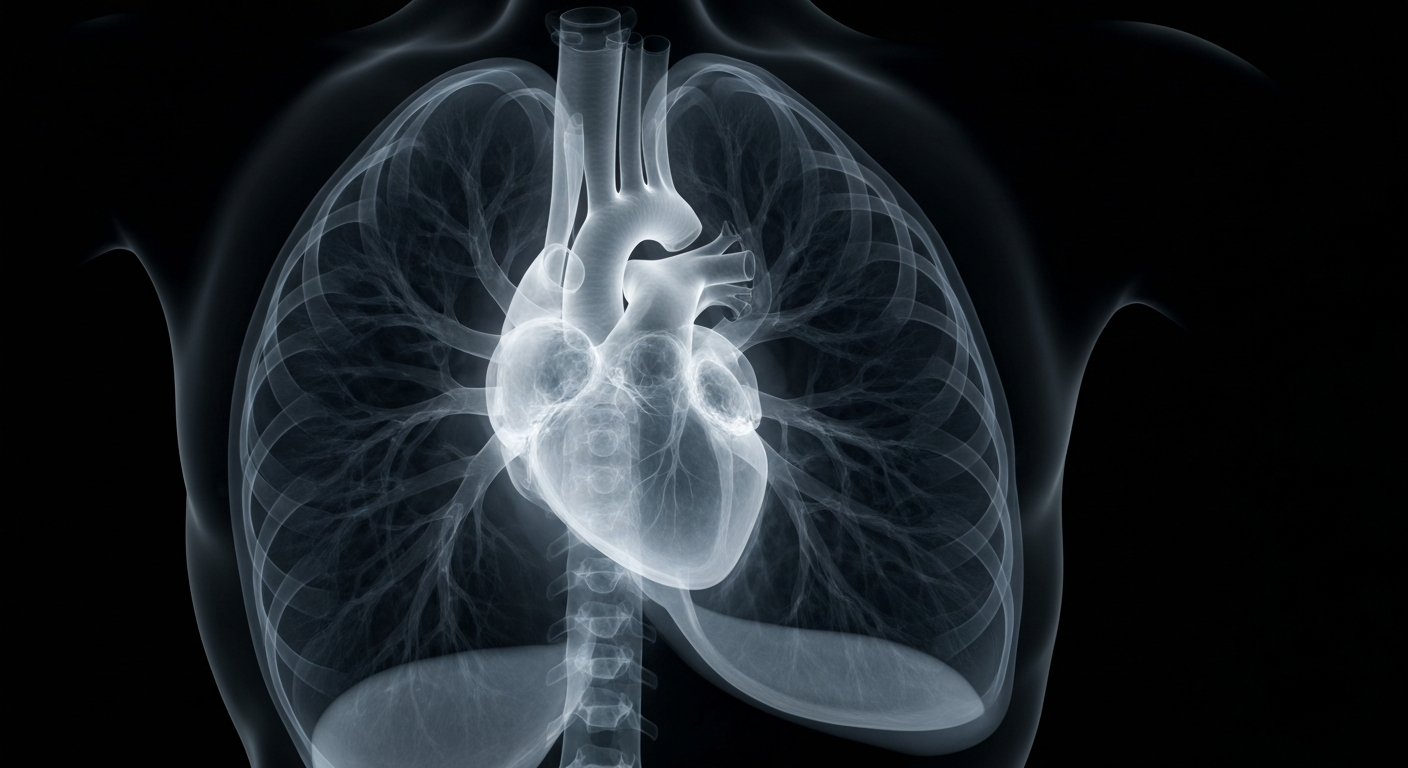 A ghostly, translucent X-ray photograph showing the internal structures of a human heart and lungs, glowing against a dark background, conceptually illustrating the biological impact of the ancient Chinese practice of baduanjin.