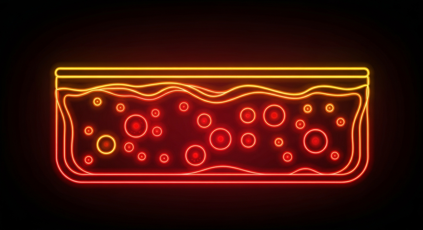A glowing, neon outline of an inflamed skin lesion or abscess, representing the painful symptoms of hidradenitis suppurativa, against a dark background.