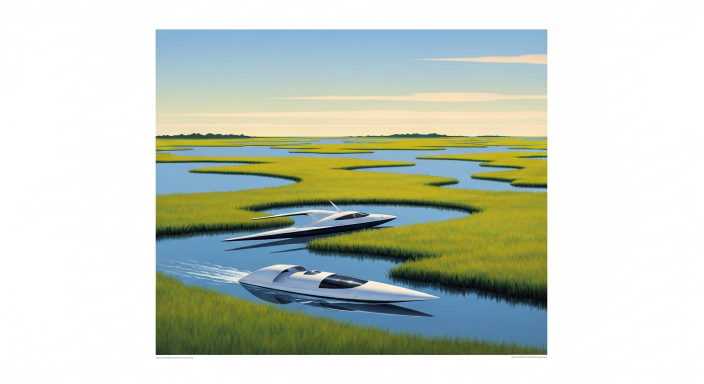 A bold, geometric illustration in the Art Deco style depicting a sweeping, forced perspective view of a coastal marsh landscape with a towering, streamlined structure in the foreground, conceptually representing the grand scale and romance of the Crab Shack's 50th anniversary celebration.