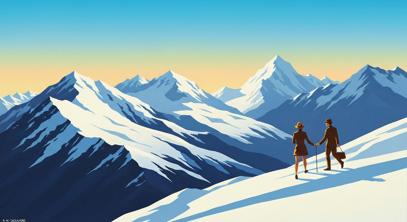 A highly stylized, geometric illustration depicting a towering, snow-capped mountain range reflected in a tranquil alpine lake, conveying the grand scale and natural beauty of the Saint Mary's Glacier area.