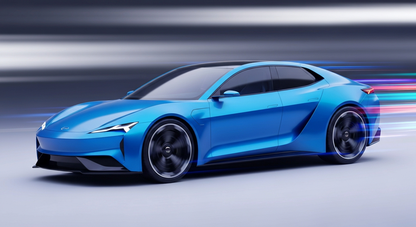 An abstract, blurred image of a sleek, blue electric vehicle, conveying a sense of speed and modern engineering.