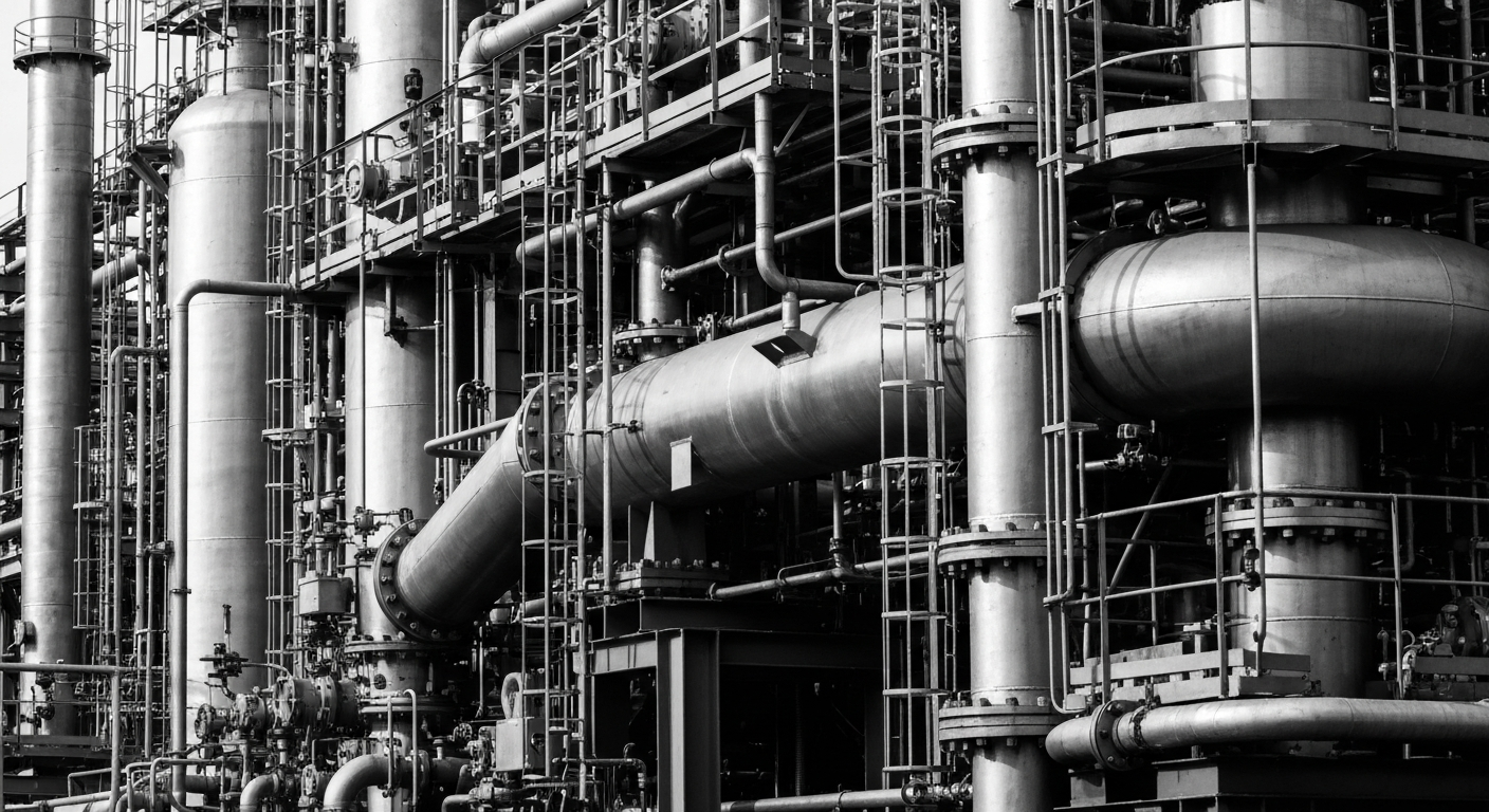 A high-contrast black and white photograph showing the detailed, industrial machinery and equipment used in chemical manufacturing, conveying a sense of the physical scale and complexity of the operations that underpin a specialty chemicals company.