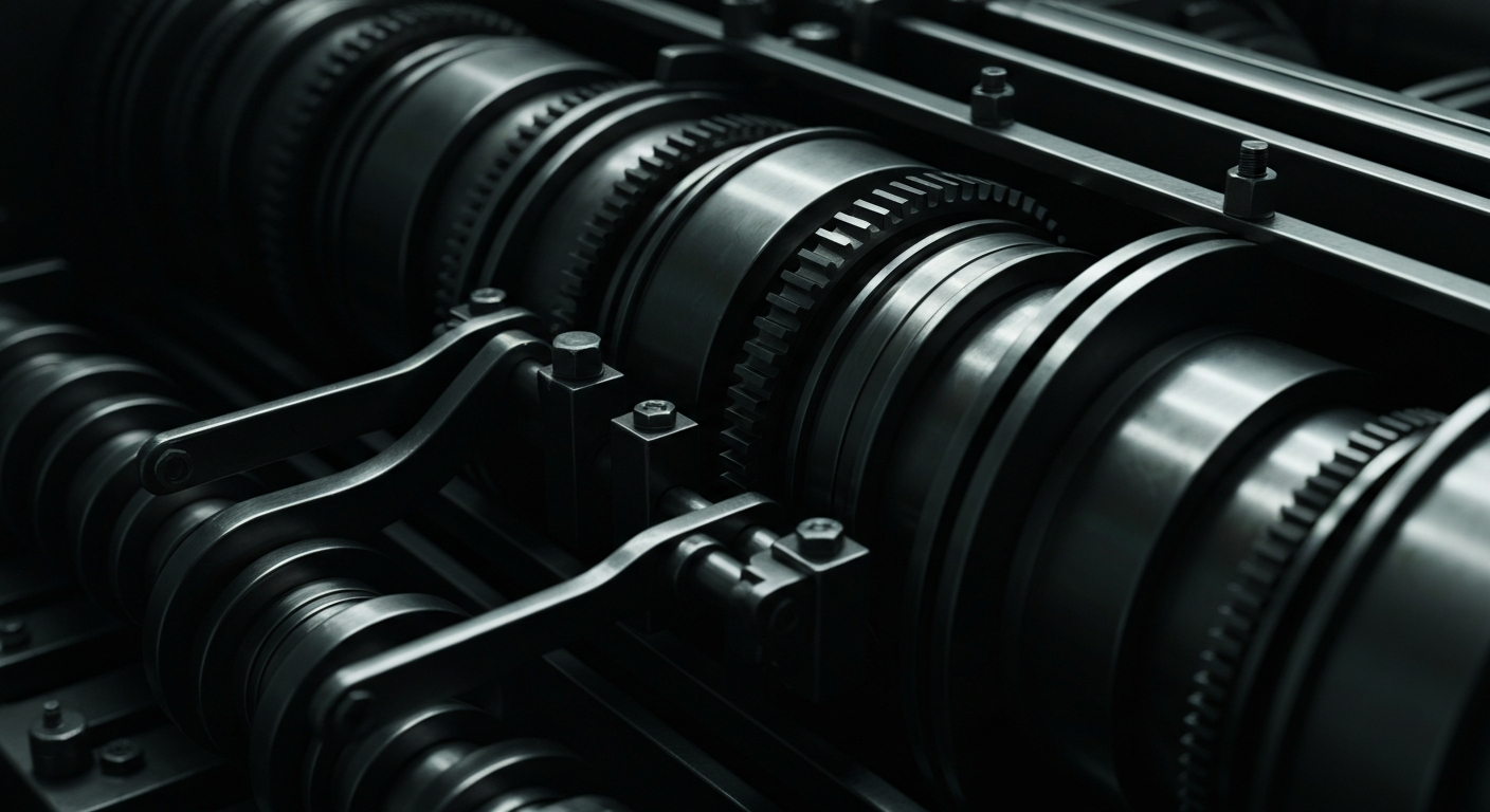 An extreme close-up of the complex, industrial machinery and components that power Erie Indemnity's insurance operations, conveying the company's technological sophistication and operational efficiency.