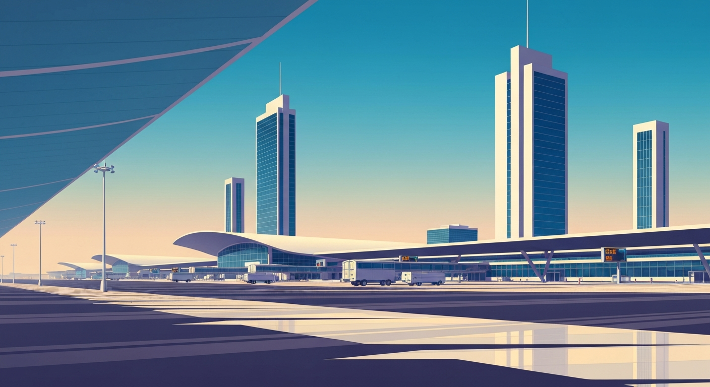 A highly stylized, geometric illustration depicting the towering, streamlined architecture of a large airport terminal, with bold gradients of color and a sense of imposing scale, conceptually representing the persistent issues with airport security.