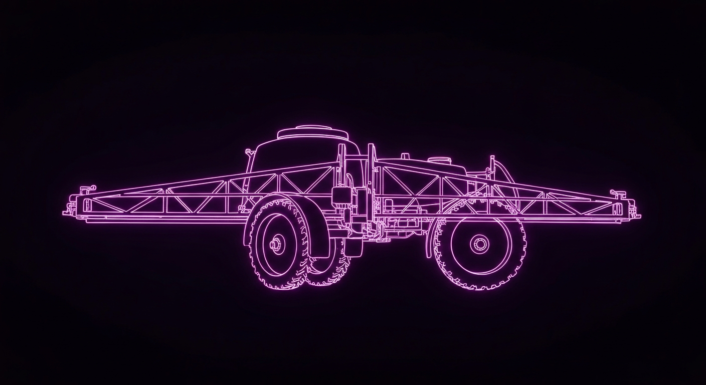 A glowing, neon outline of a pesticide sprayer or other agricultural equipment, set against a dark background, conceptually representing the backsliding of food companies on pesticide commitments.
