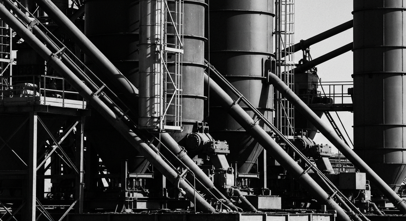 A high-contrast, close-up photograph of the heavy, mechanical components of a fertilizer production facility, conveying the tangible, industrial nature of the company's operations.