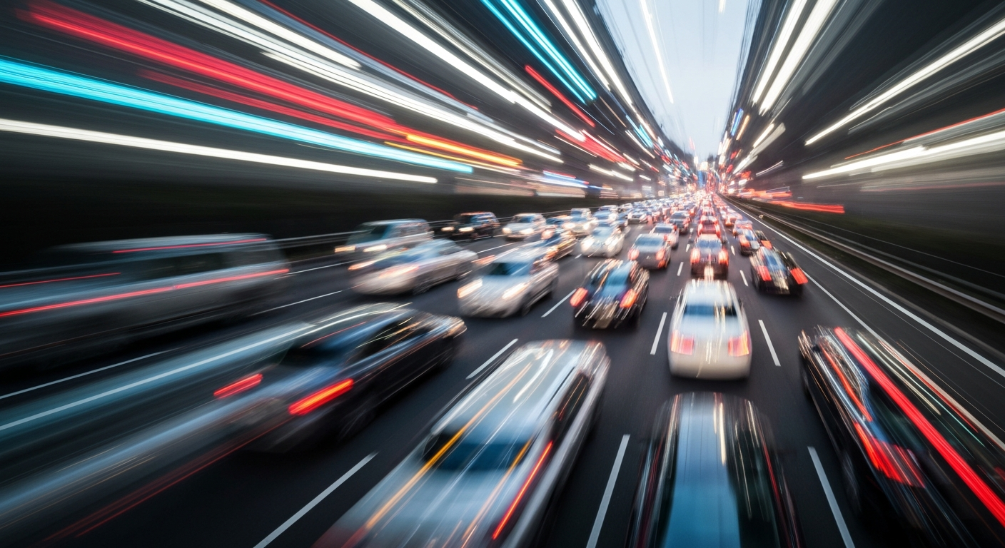 An abstract, colorful image with sweeping brushstrokes representing the motion and disruption of a highway traffic incident.