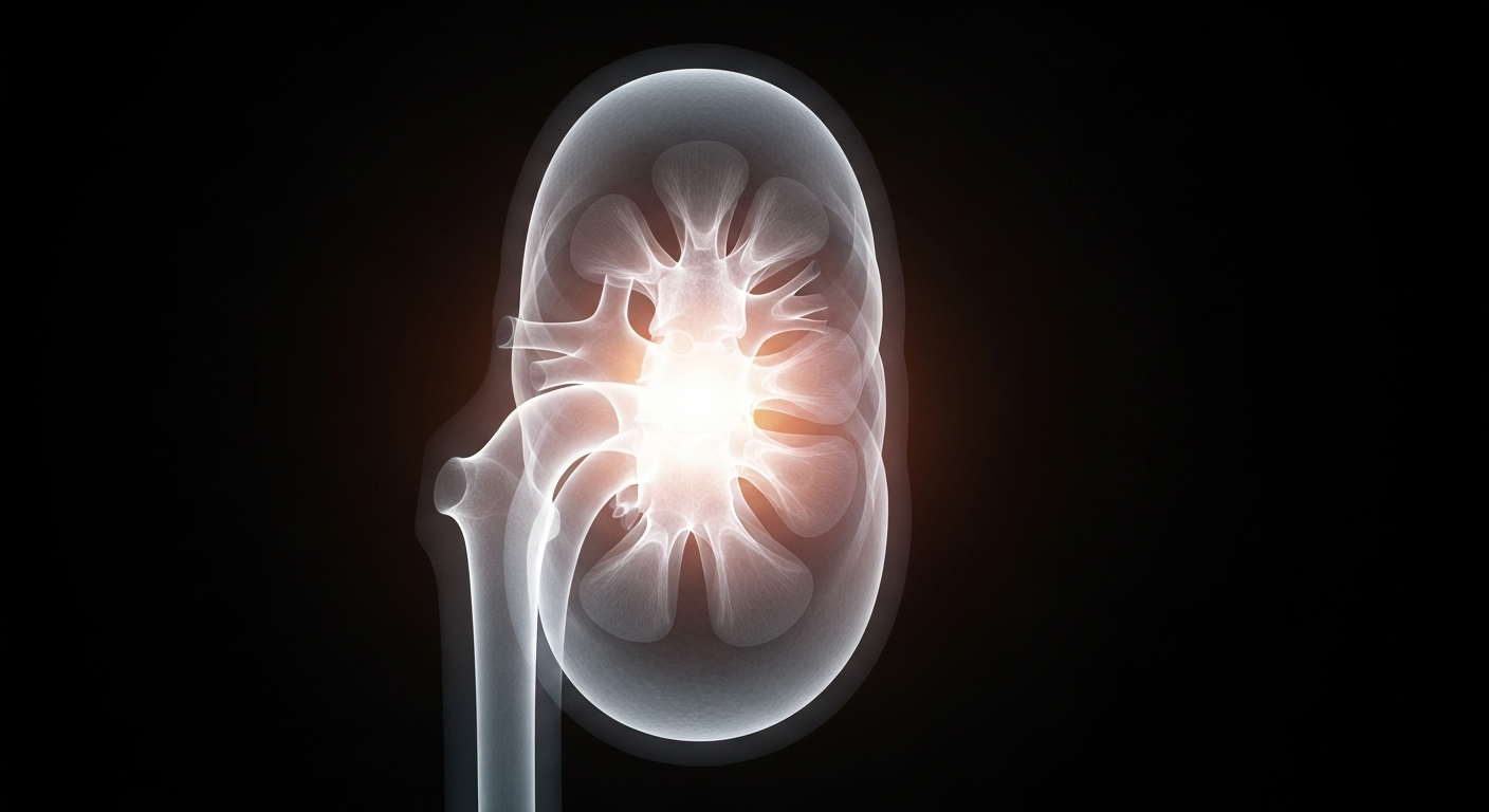 A translucent, ghostly X-ray image of a human kidney glowing against a dark background, symbolizing the medical challenges faced by a teacher awaiting a transplant.