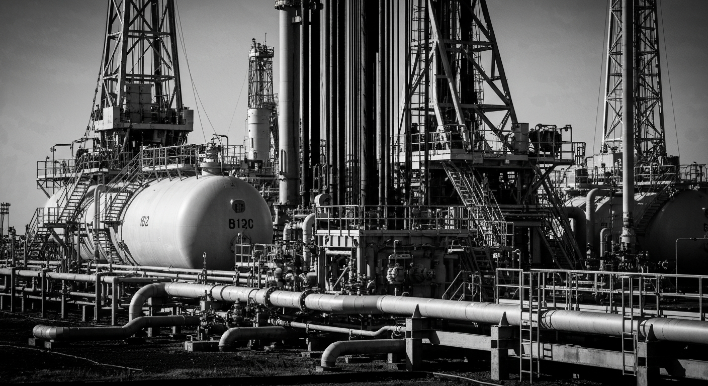 A high-contrast, black-and-white close-up image of heavy oil and gas industry machinery, such as drilling rigs or storage tanks, conveying a sense of the scale, power, and complexity of the energy infrastructure that underpins the global economy.