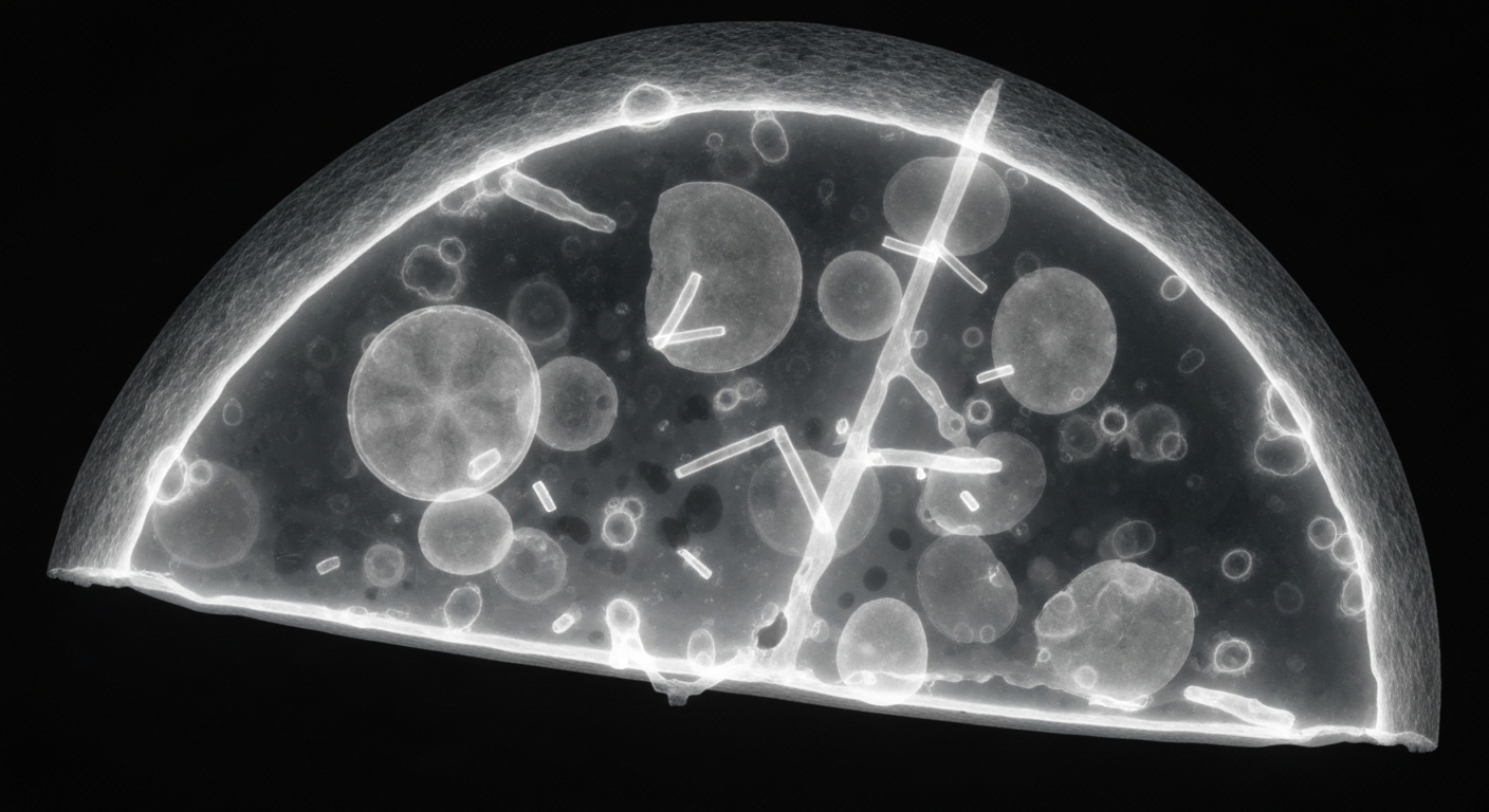 An extreme close-up X-ray image revealing the ghostly outline of metal fragments within the internal structure of a pizza slice, conceptually illustrating the metal contamination issue behind the food recall.